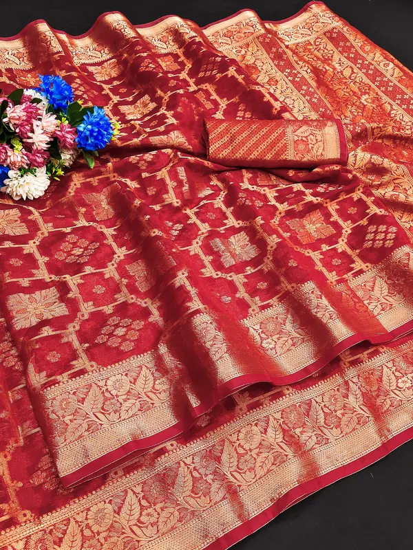 Organza_Red_Color_Jacquard_Woven_Design_Banarasi_Stlye_recommended_for_Wedding,_Party_&_Festival,_Zari_Woven_Saree_for_Women