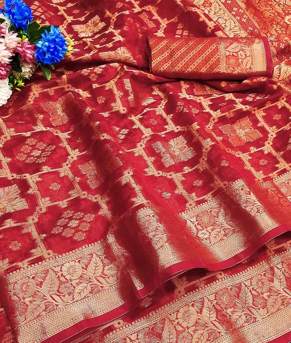 Organza_Red_Color_Jacquard_Woven_Design_Banarasi_Stlye_recommended_for_Wedding,_Party_&_Festival,_Zari_Woven_Saree_for_Women
