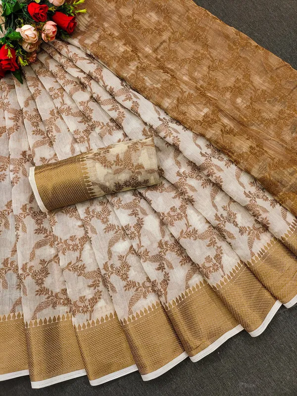 Chiku_Color_Jacquard_&_Cotton_Silk_Gadwal_Saree_For_Women