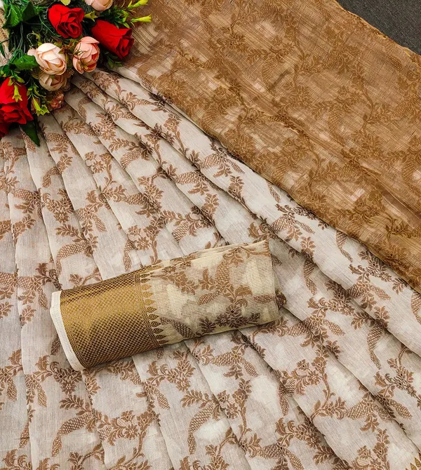 Chiku_Color_Jacquard_&_Cotton_Silk_Gadwal_Saree_For_Women