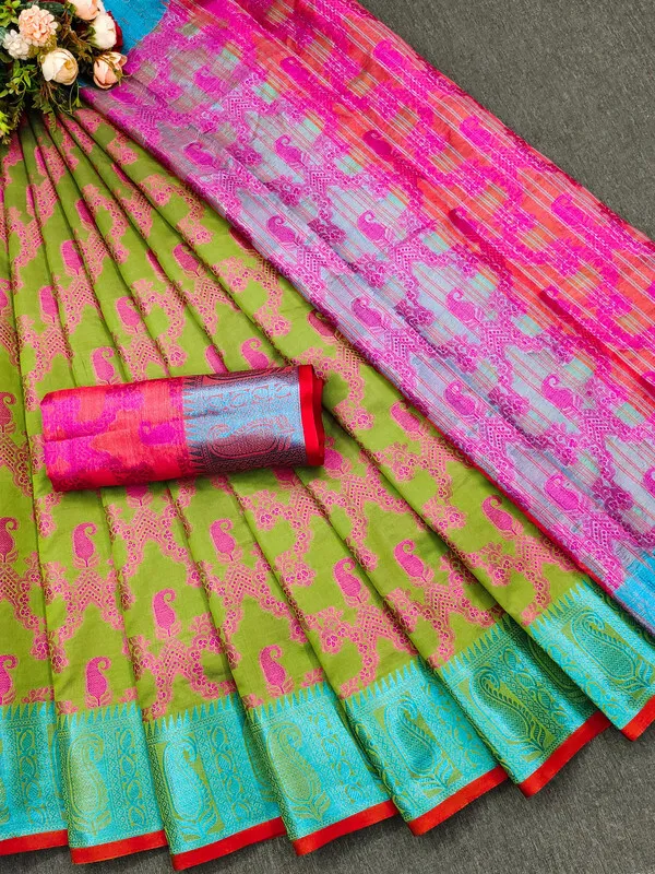 Olive_Color_Cotton_Silk_&_Jacquard_Gadwal_Saree_For_Women