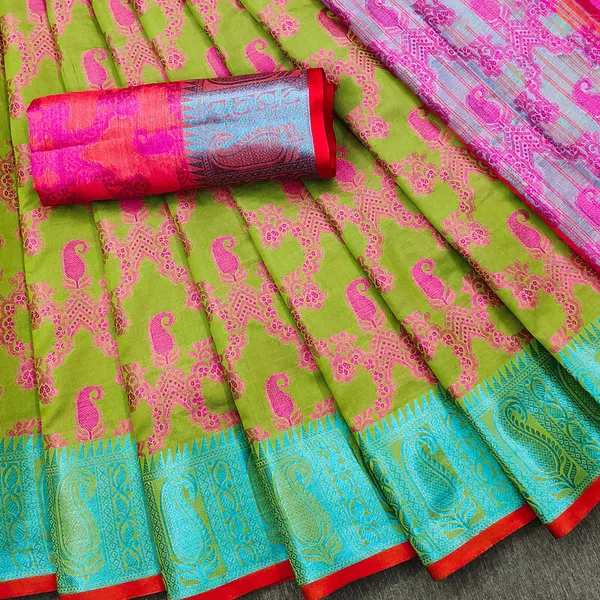 Olive_Color_Cotton_Silk_&_Jacquard_Gadwal_Saree_For_Women