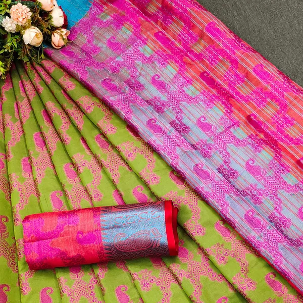 Olive_Color_Cotton_Silk_&_Jacquard_Gadwal_Saree_For_Women