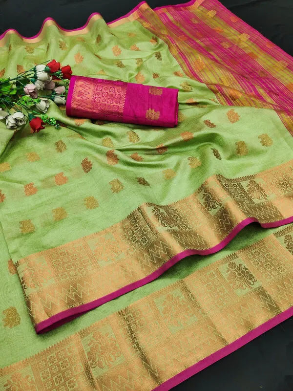 Olive_Color_Jacquard_&_Cotton_Silk_Gadwal_Saree_For_Women