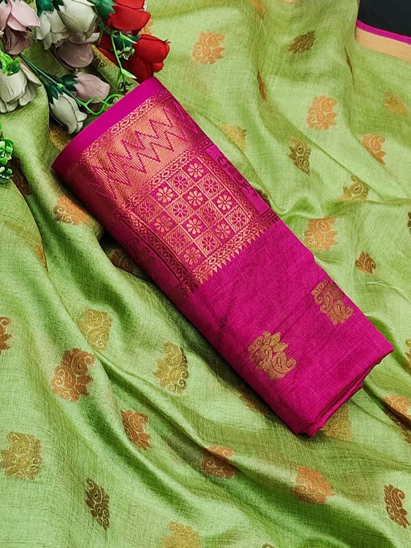 Olive_Color_Jacquard_&_Cotton_Silk_Gadwal_Saree_For_Women
