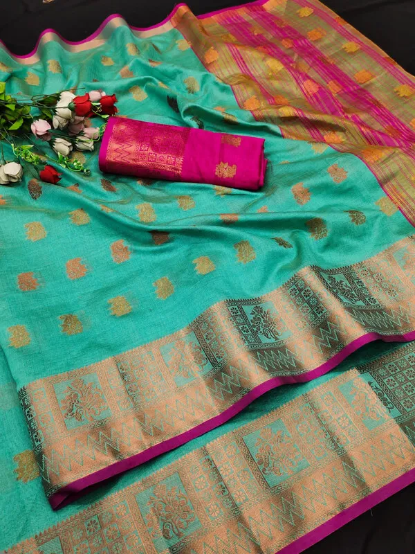 Rama_Color_Jacquard_&_Cotton_Silk_Gadwal_Saree_For_Women
