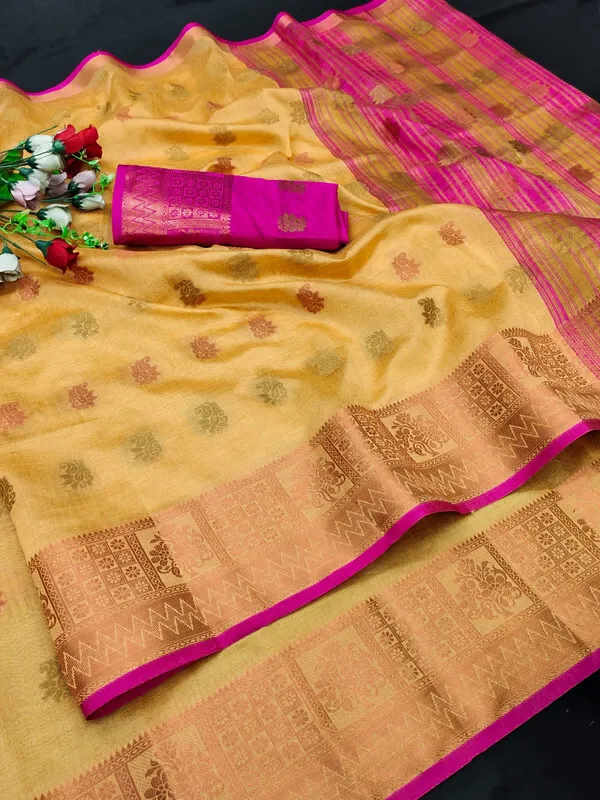 Yellow_Color_Jacquard_&_Cotton_Silk_Gadwal_Saree_For_Women