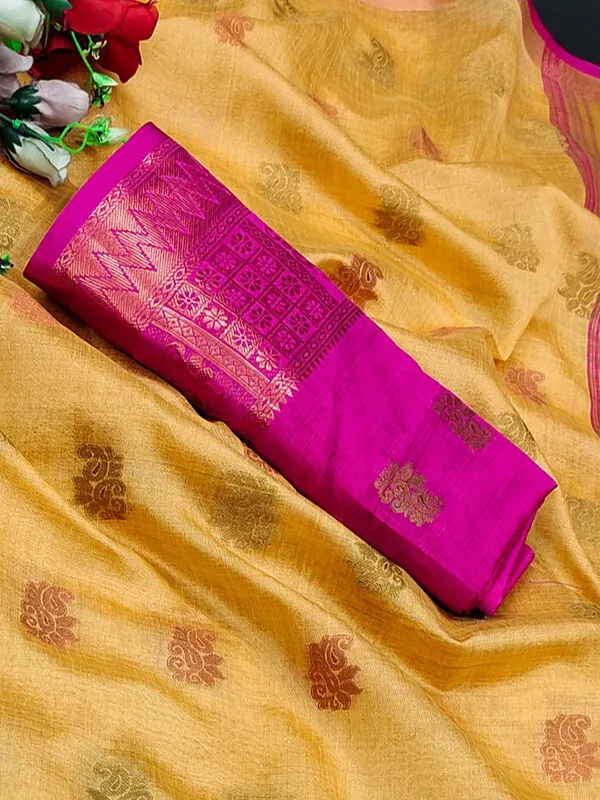 Yellow_Color_Jacquard_&_Cotton_Silk_Gadwal_Saree_For_Women