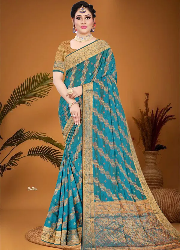 Organza_Rama_Color_Jacquard_Woven_Design_Banarasi_Stlye_recommended_for_Wedding,_Party_&_Festival,_Zari_Woven_Saree_for_Women