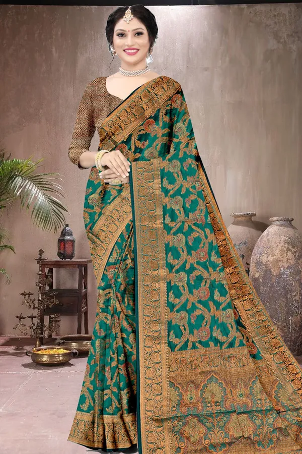 Organza_Rama_Color_Jacquard_Woven_Design_Banarasi_Stlye_recommended_for_Wedding,_Party_&_Festival,_Zari_Woven_Saree_for_Women
