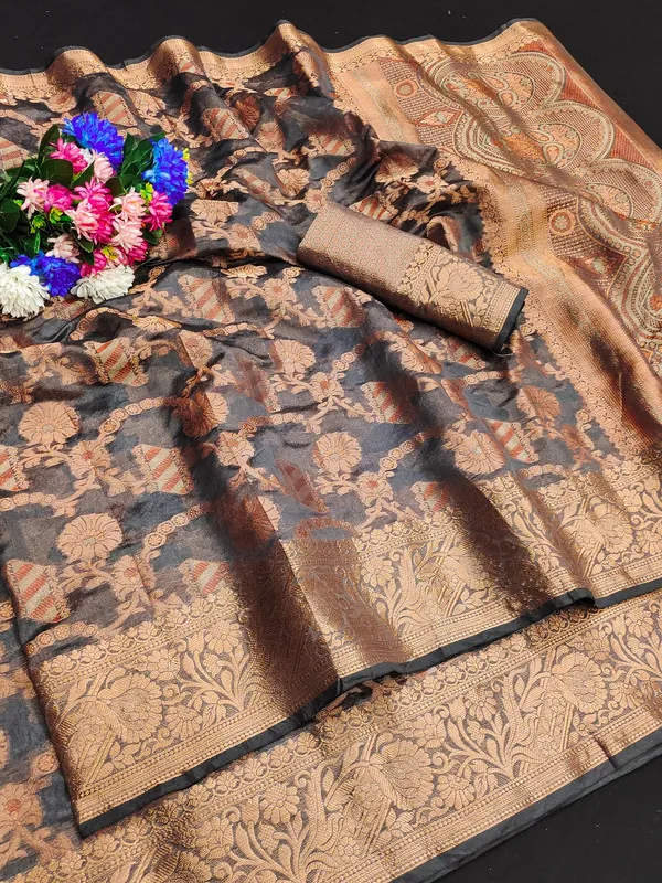 Organza_Grey_Color_Jacquard_Woven_Design_Banarasi_Stlye_recommended_for_Wedding,_Party_&_Festival,_Zari_Woven_Saree_for_Women