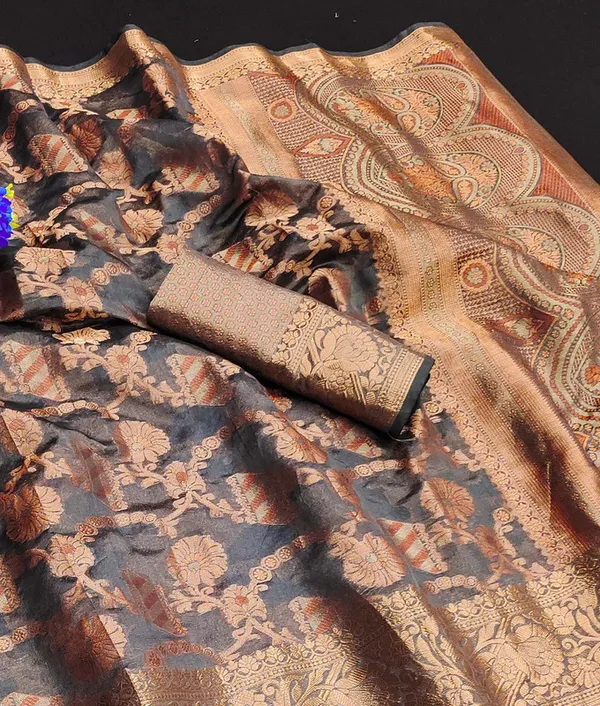 Organza_Grey_Color_Jacquard_Woven_Design_Banarasi_Stlye_recommended_for_Wedding,_Party_&_Festival,_Zari_Woven_Saree_for_Women