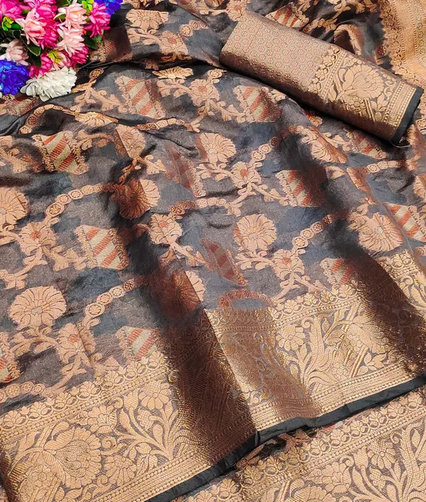 Organza_Grey_Color_Jacquard_Woven_Design_Banarasi_Stlye_recommended_for_Wedding,_Party_&_Festival,_Zari_Woven_Saree_for_Women
