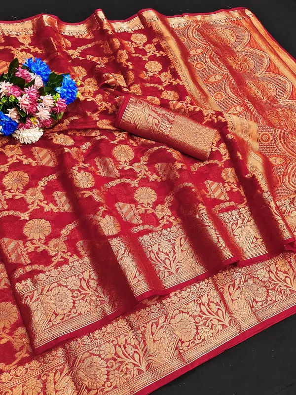 Organza_Red_Color_Jacquard_Woven_Design_Banarasi_Stlye_recommended_for_Wedding,_Party_&_Festival,_Zari_Woven_Saree_for_Women