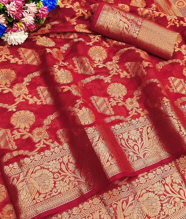 Organza_Red_Color_Jacquard_Woven_Design_Banarasi_Stlye_recommended_for_Wedding,_Party_&_Festival,_Zari_Woven_Saree_for_Women