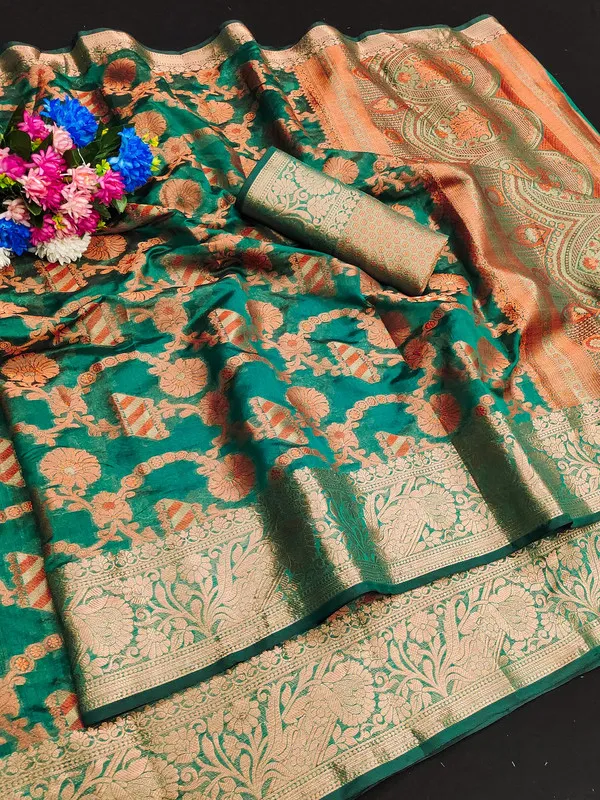 Organza_Rama_Color_Jacquard_Woven_Design_Banarasi_Stlye_recommended_for_Wedding,_Party_&_Festival,_Zari_Woven_Saree_for_Women