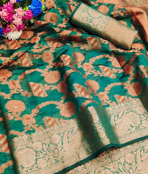 Organza_Rama_Color_Jacquard_Woven_Design_Banarasi_Stlye_recommended_for_Wedding,_Party_&_Festival,_Zari_Woven_Saree_for_Women