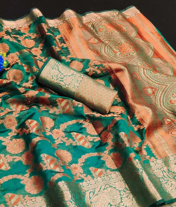 Organza_Rama_Color_Jacquard_Woven_Design_Banarasi_Stlye_recommended_for_Wedding,_Party_&_Festival,_Zari_Woven_Saree_for_Women