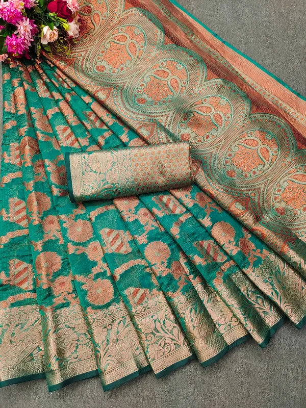 Organza_Rama_Color_Jacquard_Woven_Design_Banarasi_Stlye_recommended_for_Wedding,_Party_&_Festival,_Zari_Woven_Saree_for_Women