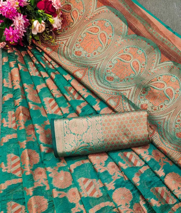 Organza_Rama_Color_Jacquard_Woven_Design_Banarasi_Stlye_recommended_for_Wedding,_Party_&_Festival,_Zari_Woven_Saree_for_Women