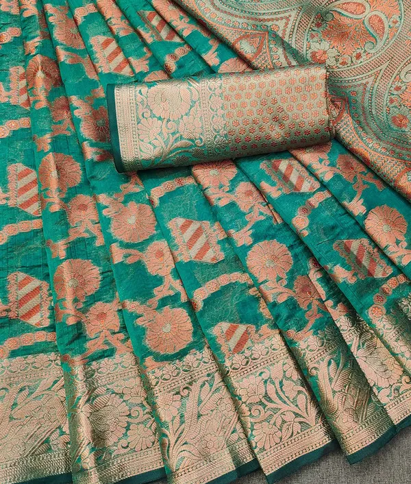 Organza_Rama_Color_Jacquard_Woven_Design_Banarasi_Stlye_recommended_for_Wedding,_Party_&_Festival,_Zari_Woven_Saree_for_Women
