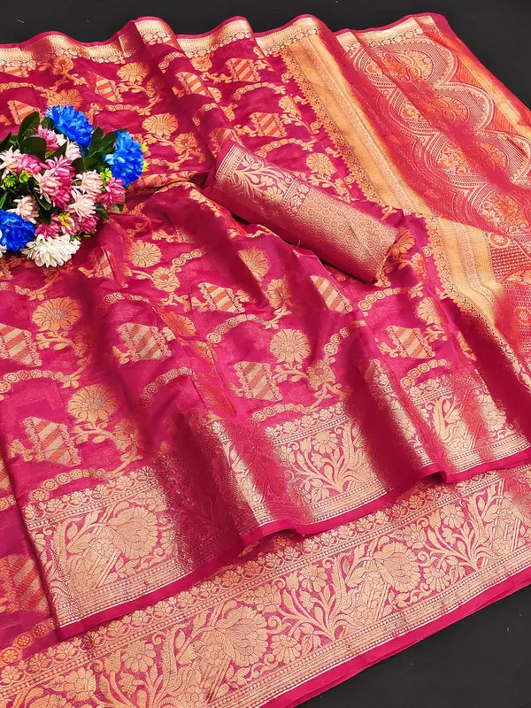 Organza_Pink_Color_Jacquard_Woven_Design_Banarasi_Stlye_recommended_for_Wedding,_Party_&_Festival,_Zari_Woven_Saree_for_Women