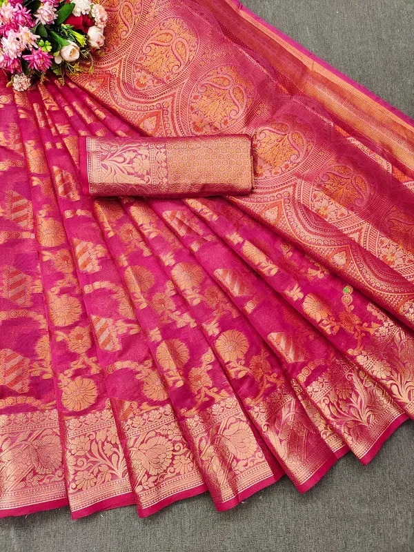 Organza_Pink_Color_Jacquard_Woven_Design_Banarasi_Stlye_recommended_for_Wedding,_Party_&_Festival,_Zari_Woven_Saree_for_Women