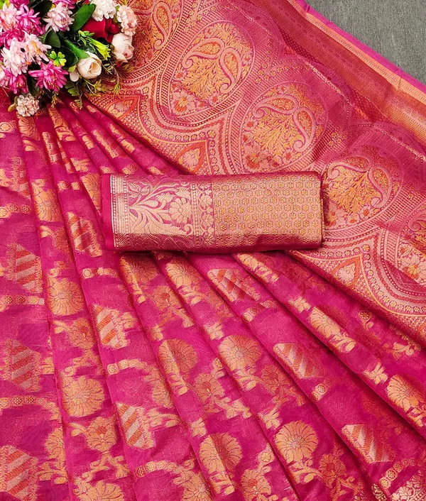 Organza_Pink_Color_Jacquard_Woven_Design_Banarasi_Stlye_recommended_for_Wedding,_Party_&_Festival,_Zari_Woven_Saree_for_Women