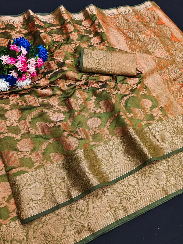 Organza_Olive_Color_Jacquard_Woven_Design_Banarasi_Stlye_recommended_for_Wedding,_Party_&_Festival,_Zari_Woven_Saree_for_Women