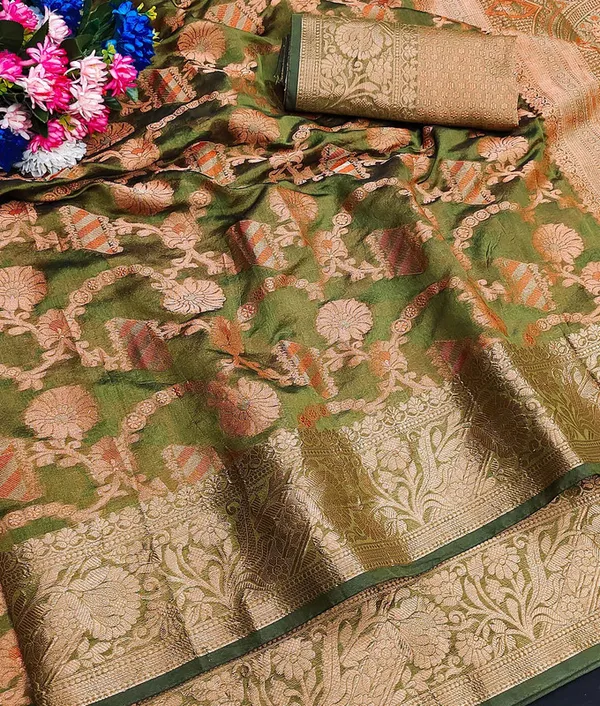 Organza_Olive_Color_Jacquard_Woven_Design_Banarasi_Stlye_recommended_for_Wedding,_Party_&_Festival,_Zari_Woven_Saree_for_Women