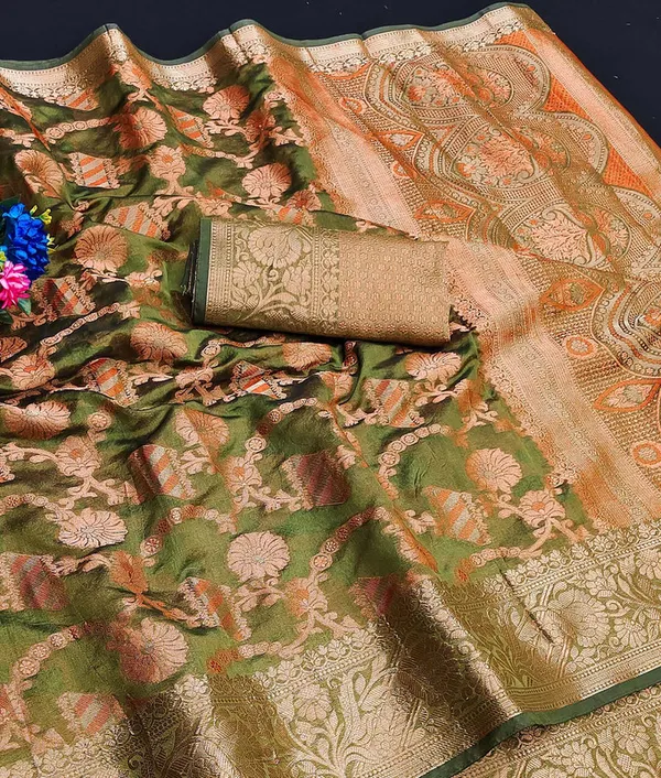 Organza_Olive_Color_Jacquard_Woven_Design_Banarasi_Stlye_recommended_for_Wedding,_Party_&_Festival,_Zari_Woven_Saree_for_Women