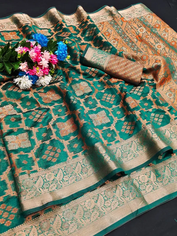 Organza_Rama_Color_Jacquard_Woven_Design_Banarasi_Stlye_recommended_for_Wedding,_Party_&_Festival,_Zari_Woven_Saree_for_Women