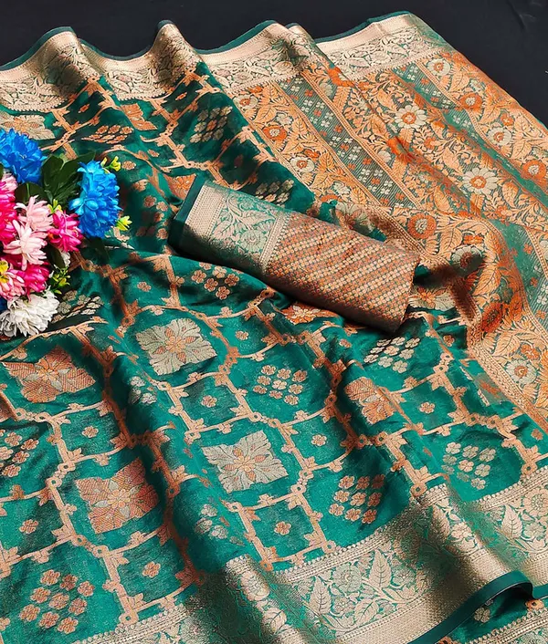Organza_Rama_Color_Jacquard_Woven_Design_Banarasi_Stlye_recommended_for_Wedding,_Party_&_Festival,_Zari_Woven_Saree_for_Women