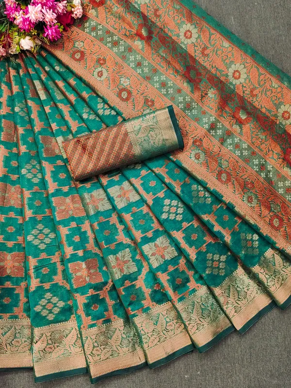 Organza_Rama_Color_Jacquard_Woven_Design_Banarasi_Stlye_recommended_for_Wedding,_Party_&_Festival,_Zari_Woven_Saree_for_Women