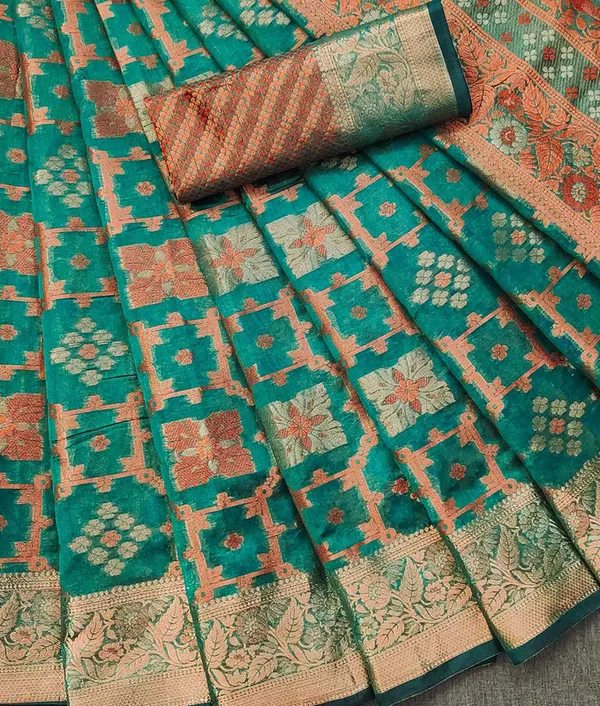 Organza_Rama_Color_Jacquard_Woven_Design_Banarasi_Stlye_recommended_for_Wedding,_Party_&_Festival,_Zari_Woven_Saree_for_Women