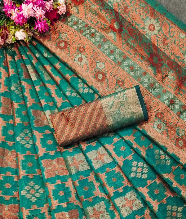 Organza_Rama_Color_Jacquard_Woven_Design_Banarasi_Stlye_recommended_for_Wedding,_Party_&_Festival,_Zari_Woven_Saree_for_Women