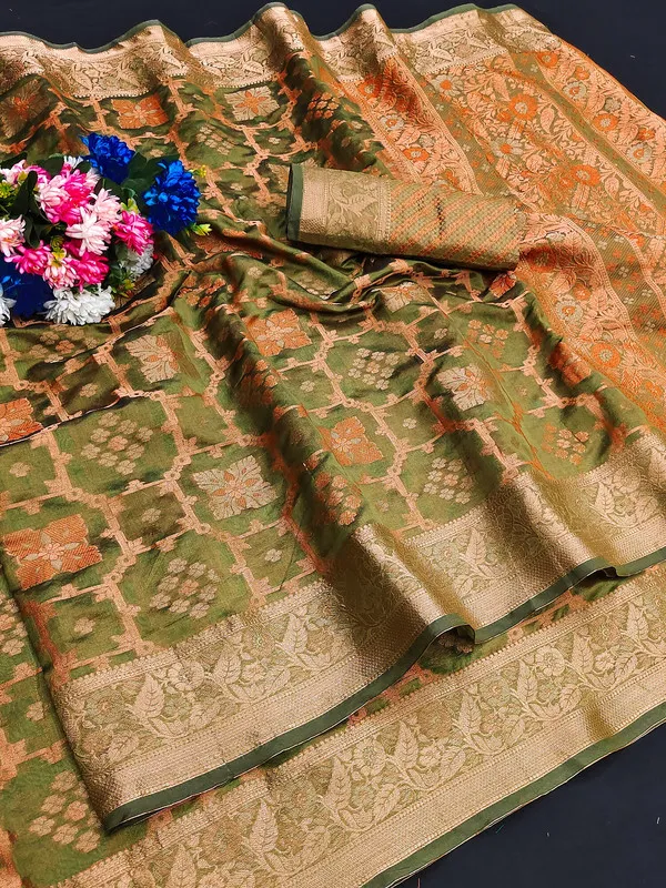 Organza_Olive_Color_Jacquard_Woven_Design_Banarasi_Stlye_recommended_for_Wedding,_Party_&_Festival,_Zari_Woven_Saree_for_Women