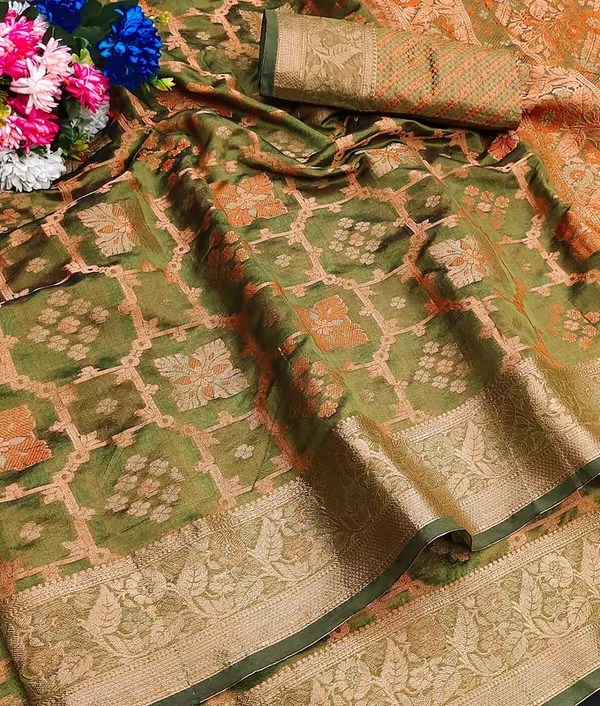 Organza_Olive_Color_Jacquard_Woven_Design_Banarasi_Stlye_recommended_for_Wedding,_Party_&_Festival,_Zari_Woven_Saree_for_Women