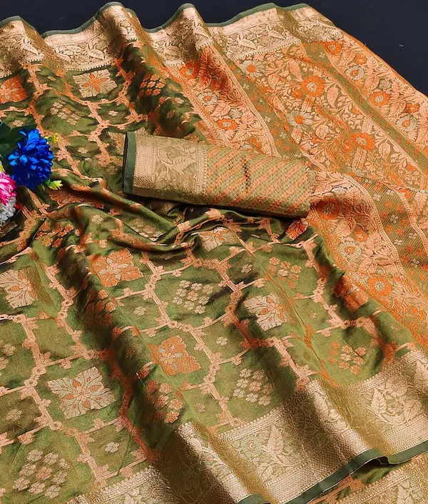 Organza_Olive_Color_Jacquard_Woven_Design_Banarasi_Stlye_recommended_for_Wedding,_Party_&_Festival,_Zari_Woven_Saree_for_Women