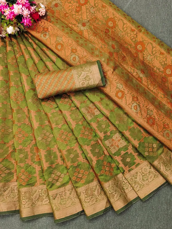 Organza_Olive_Color_Jacquard_Woven_Design_Banarasi_Stlye_recommended_for_Wedding,_Party_&_Festival,_Zari_Woven_Saree_for_Women