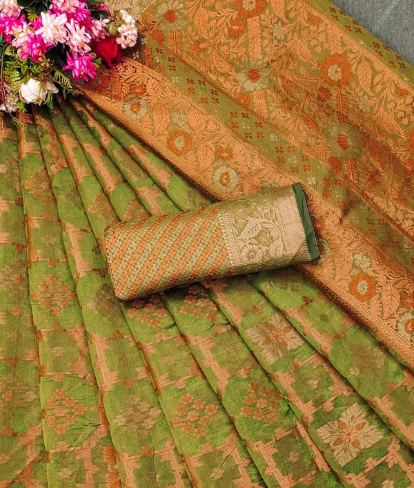 Organza_Olive_Color_Jacquard_Woven_Design_Banarasi_Stlye_recommended_for_Wedding,_Party_&_Festival,_Zari_Woven_Saree_for_Women