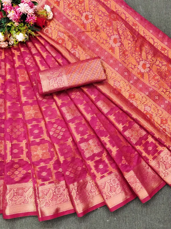 Organza_Pink_Color_Jacquard_Woven_Design_Banarasi_Stlye_recommended_for_Wedding,_Party_&_Festival,_Zari_Woven_Saree_for_Women