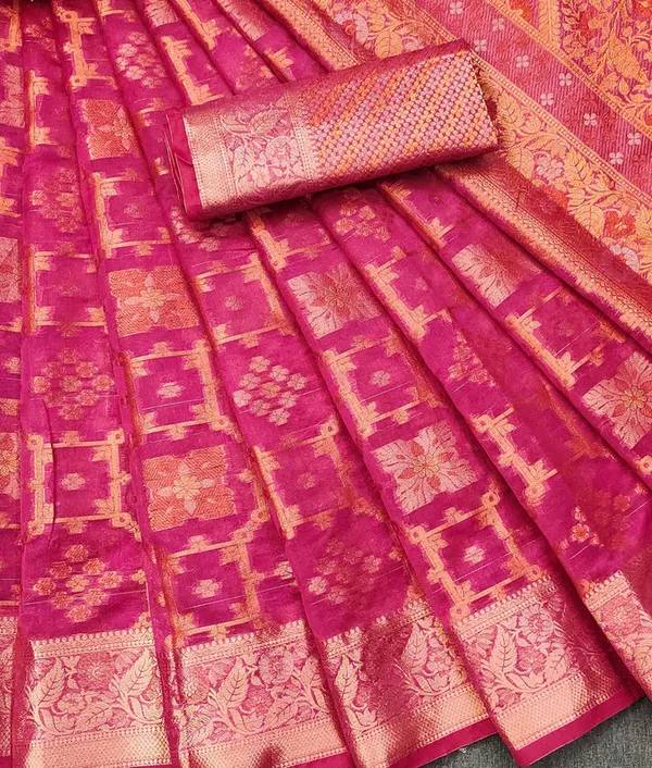 Organza_Pink_Color_Jacquard_Woven_Design_Banarasi_Stlye_recommended_for_Wedding,_Party_&_Festival,_Zari_Woven_Saree_for_Women