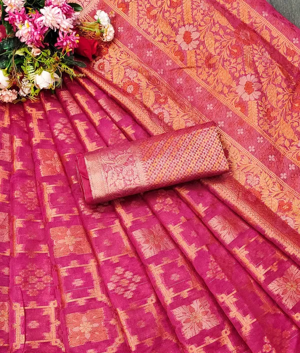 Organza_Pink_Color_Jacquard_Woven_Design_Banarasi_Stlye_recommended_for_Wedding,_Party_&_Festival,_Zari_Woven_Saree_for_Women
