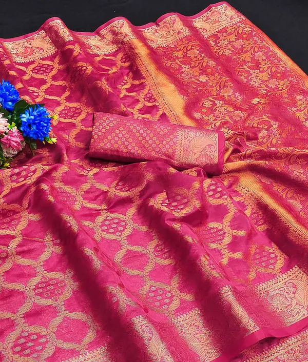 Organza_Pink_Color_Jacquard_Woven_Design_Banarasi_Stlye_recommended_for_Wedding,_Party_&_Festival,_Zari_Woven_Saree_for_Women