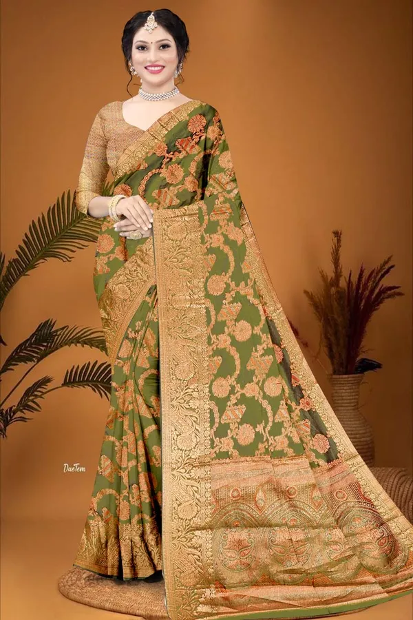 Organza_Olive_Color_Jacquard_Woven_Design_Banarasi_Stlye_recommended_for_Wedding,_Party_&_Festival,_Zari_Woven_Saree_for_Women