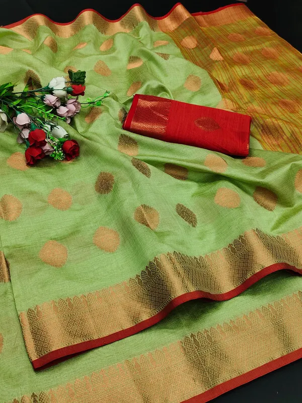 Olive_Color_Jacquard_&_Cotton_Silk_Gadwal_Saree_For_Women