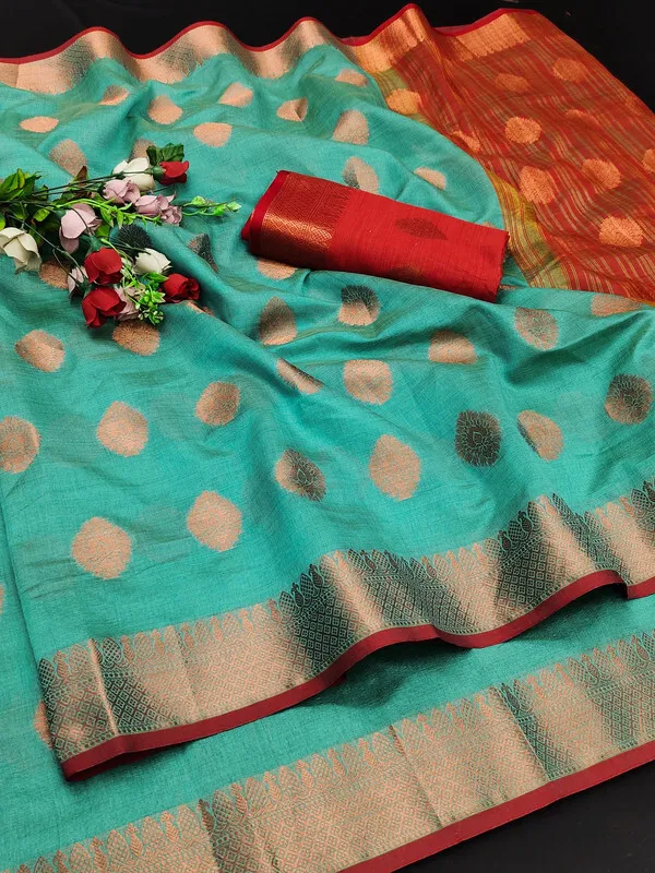 Rama_Color_Jacquard_&_Cotton_Silk_Gadwal_Saree_For_Women