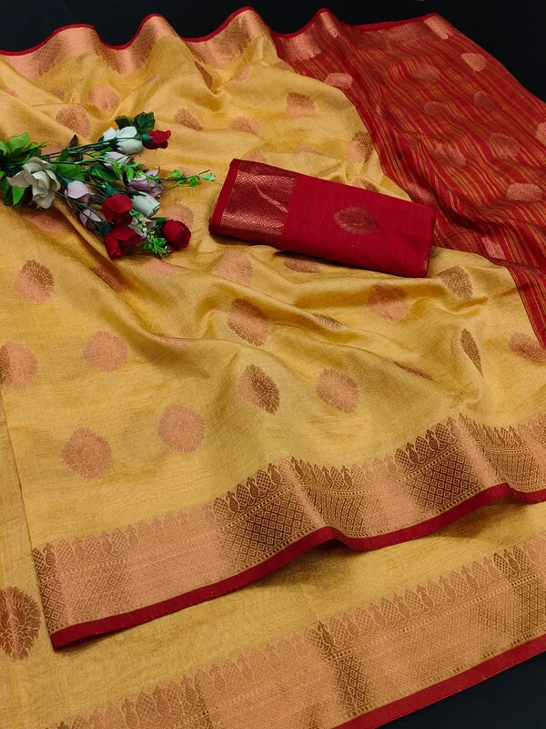 Yellow_Color_Jacquard_&_Cotton_Silk_Gadwal_Saree_For_Women