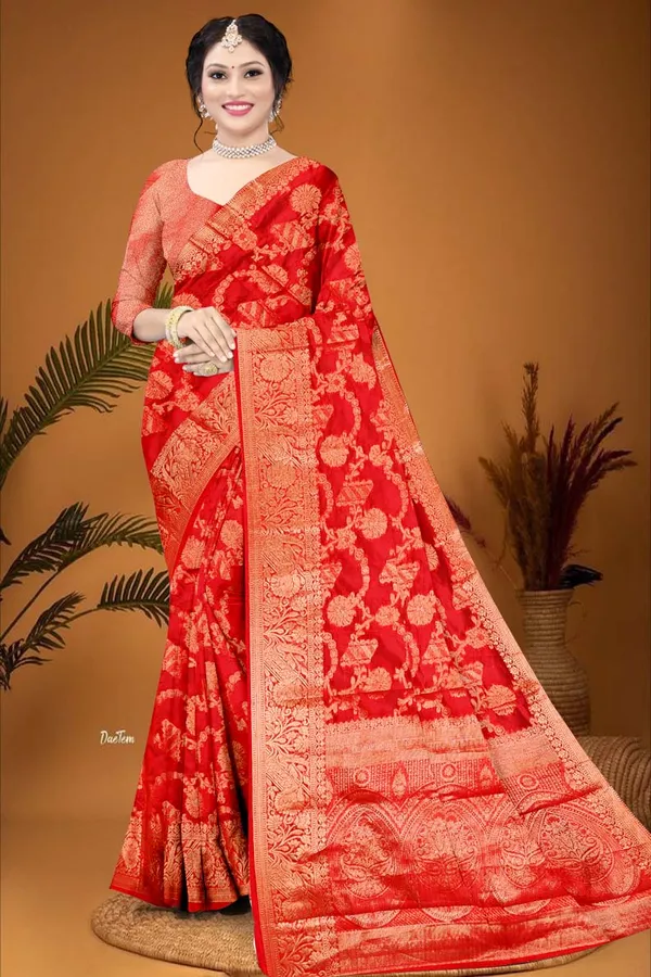 Organza_Red_Color_Jacquard_Woven_Design_Banarasi_Stlye_recommended_for_Wedding,_Party_&_Festival,_Zari_Woven_Saree_for_Women